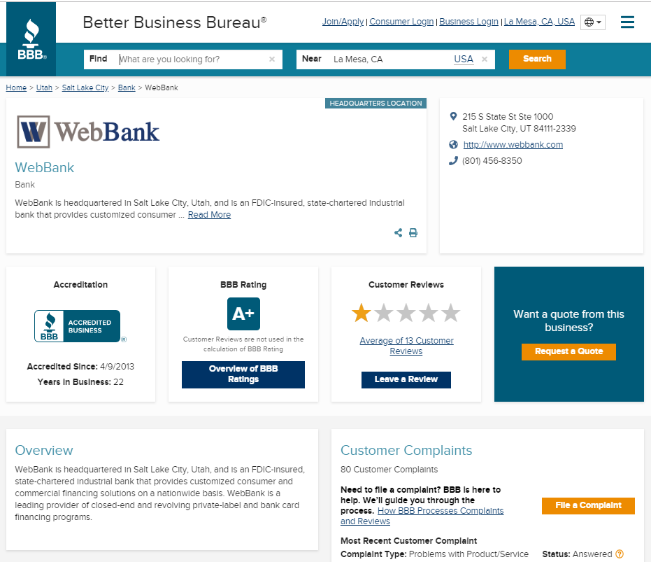 WebBank BBB better business bureau WebBank Review FDIC dfs/webbank fingerhut loans credit cards